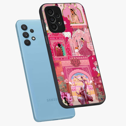 Pink Palace Muse Glass Case displayed in angled mockup highlighting dreamy palace illustration with soft pink aesthetic.