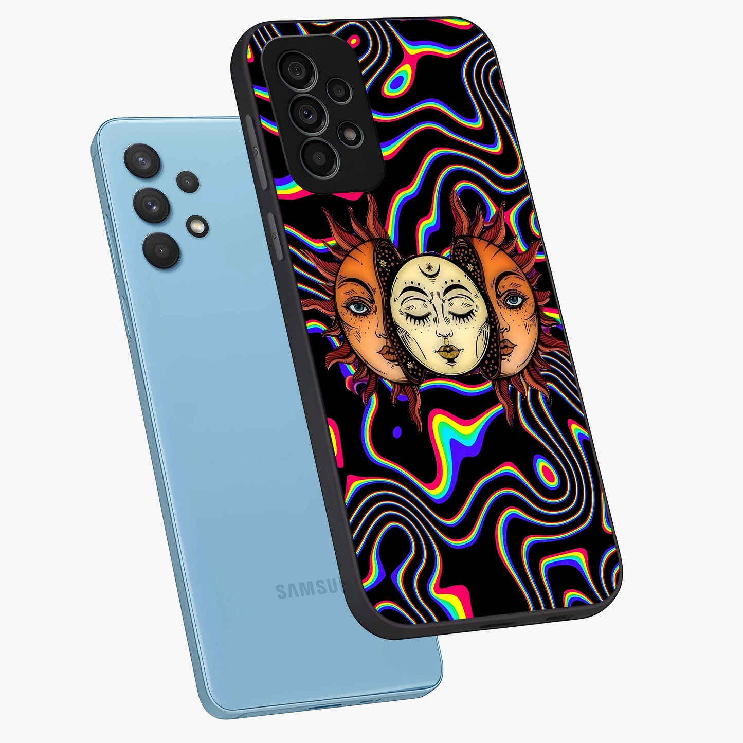 Psychedelic Sun Glass Case displayed in angled mockup highlighting vibrant abstract sun design with artistic aesthetic style.