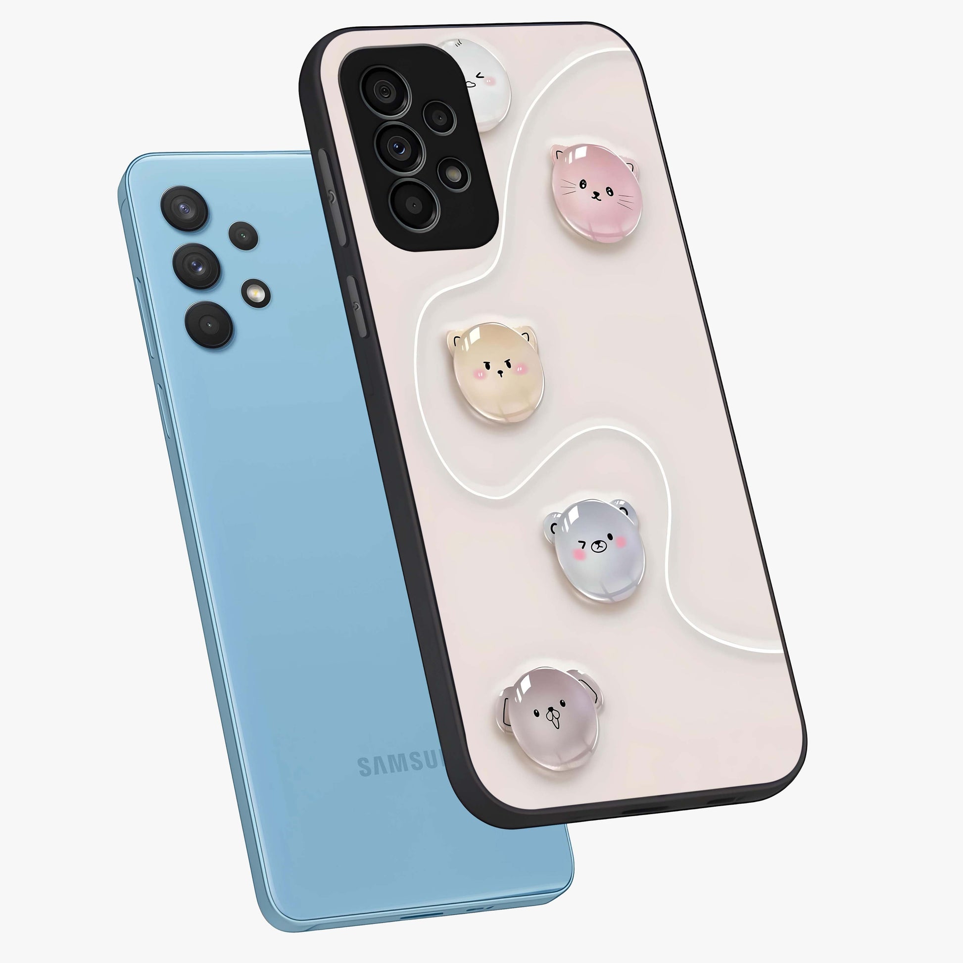 Puffy Face Parade Glass Case displayed in angled mockup highlighting playful cartoon face design with fun aesthetic.