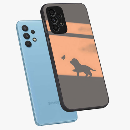 Puppy Shadow Art Glass Case displayed in angled mockup highlighting playful dog illustration with artistic shadow aesthetic.