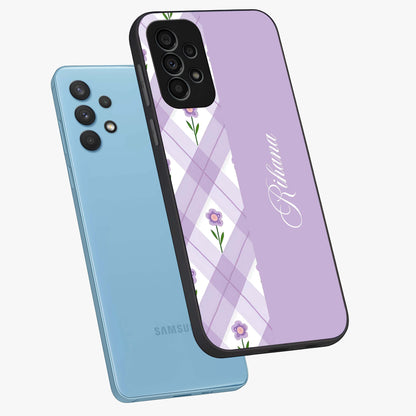 Purple Diamond Floral Glass Case displayed in angled mockup highlighting elegant purple flower design with decorative pattern.