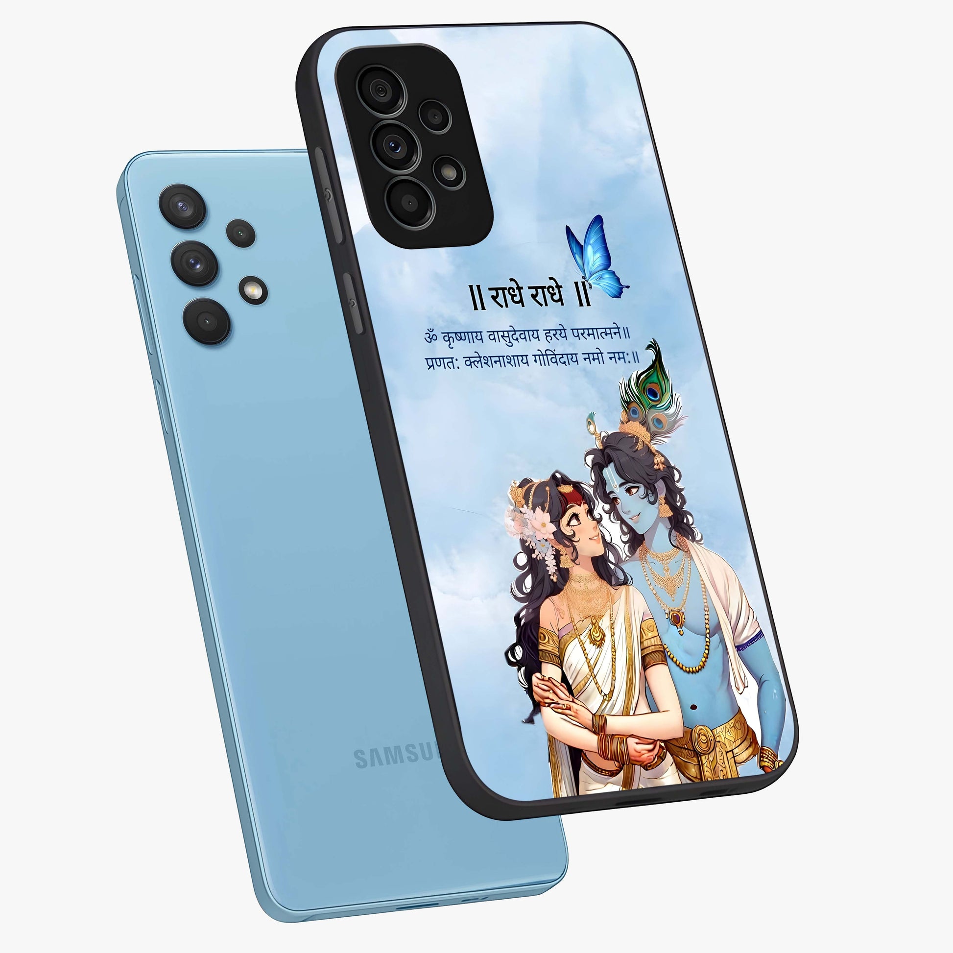Radha Krishna Eternal Glass Case displayed in angled mockup highlighting divine Radha Krishna illustration with spiritual aesthetic.