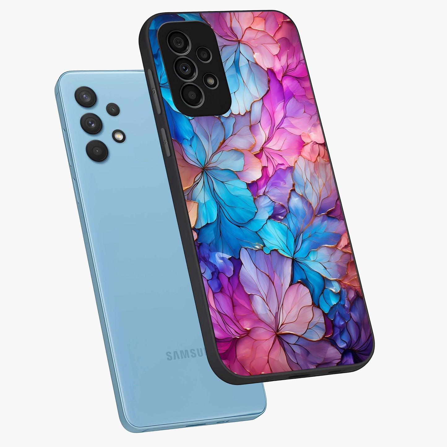 Radiant Floral Whirl Glass Case displayed in angled mockup highlighting vibrant flower pattern with dynamic artistic aesthetic.