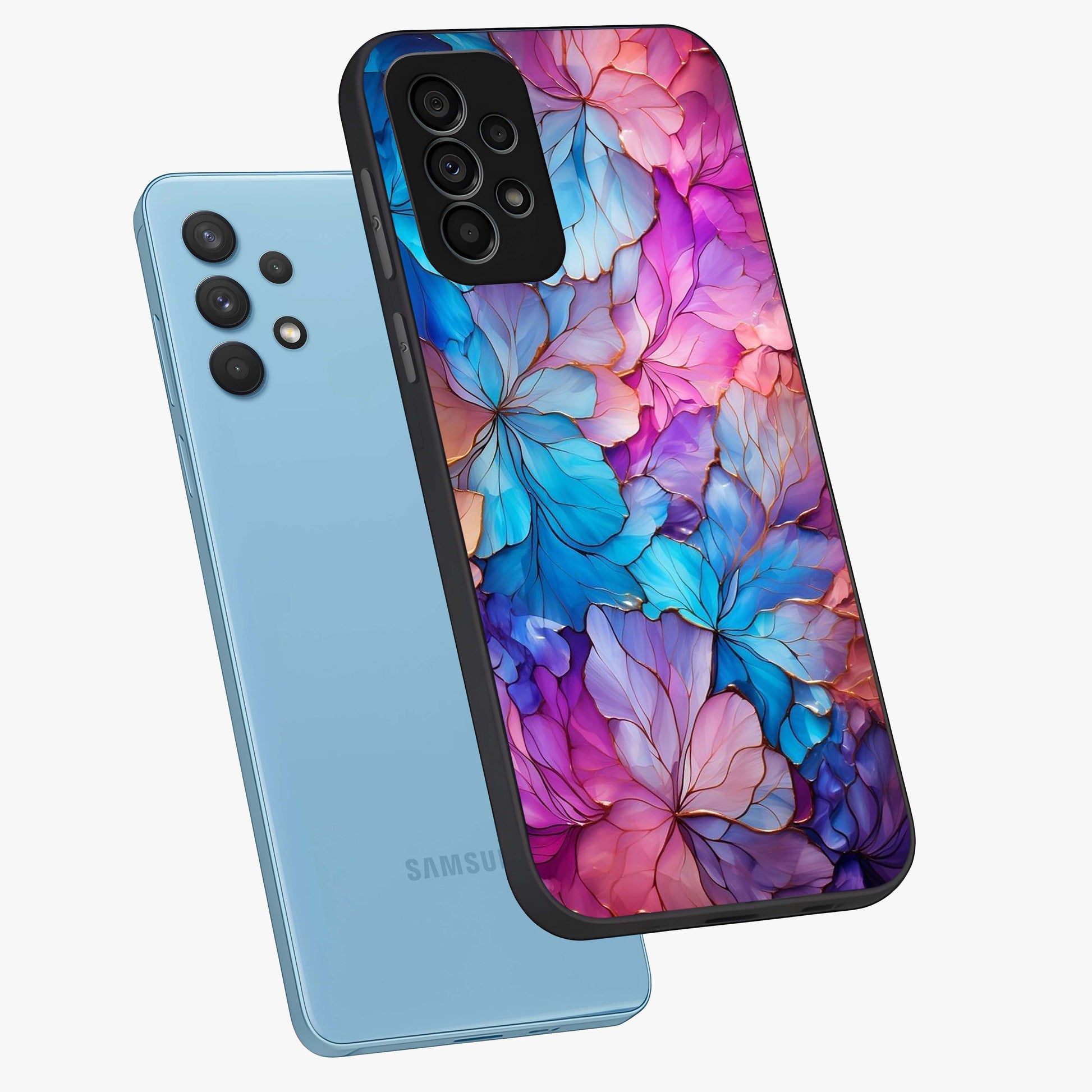 Radiant Floral Whirl Glass Case displayed in angled mockup highlighting vibrant flower pattern with dynamic artistic aesthetic.