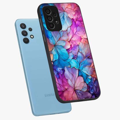 Radiant Floral Whirl Glass Case displayed in angled mockup highlighting vibrant flower pattern with dynamic artistic aesthetic.