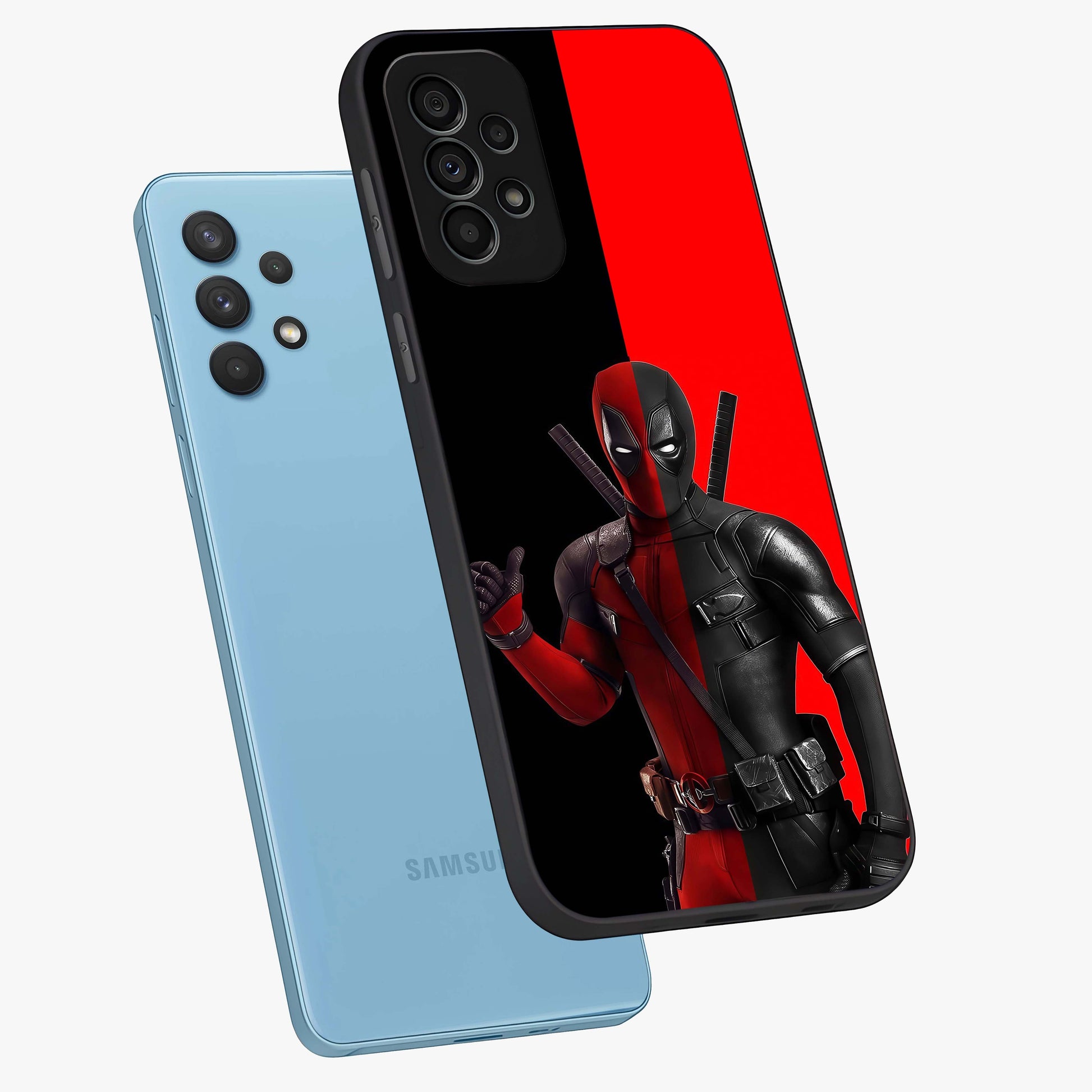 Red & Black Deadpool Theme Glass Case displayed in angled mockup highlighting vibrant superhero style illustration with action aesthetic.