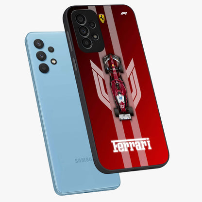 Red Ferrari F1 Vertical Glass Case displayed in angled mockup highlighting high speed racing design with bold automotive aesthetic.
