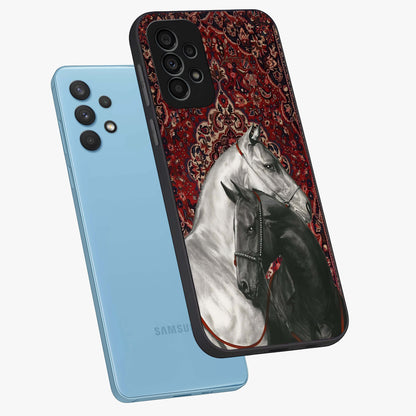 Regal Stallion Tapestry Glass Case displayed in angled mockup highlighting royal stallion design with decorative heritage aesthetic.