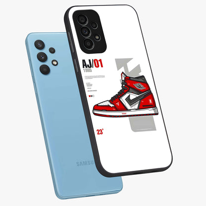 Retro Sneaker Blueprint Glass Case displayed in angled mockup highlighting detailed shoe design with sporty retro aesthetic.
