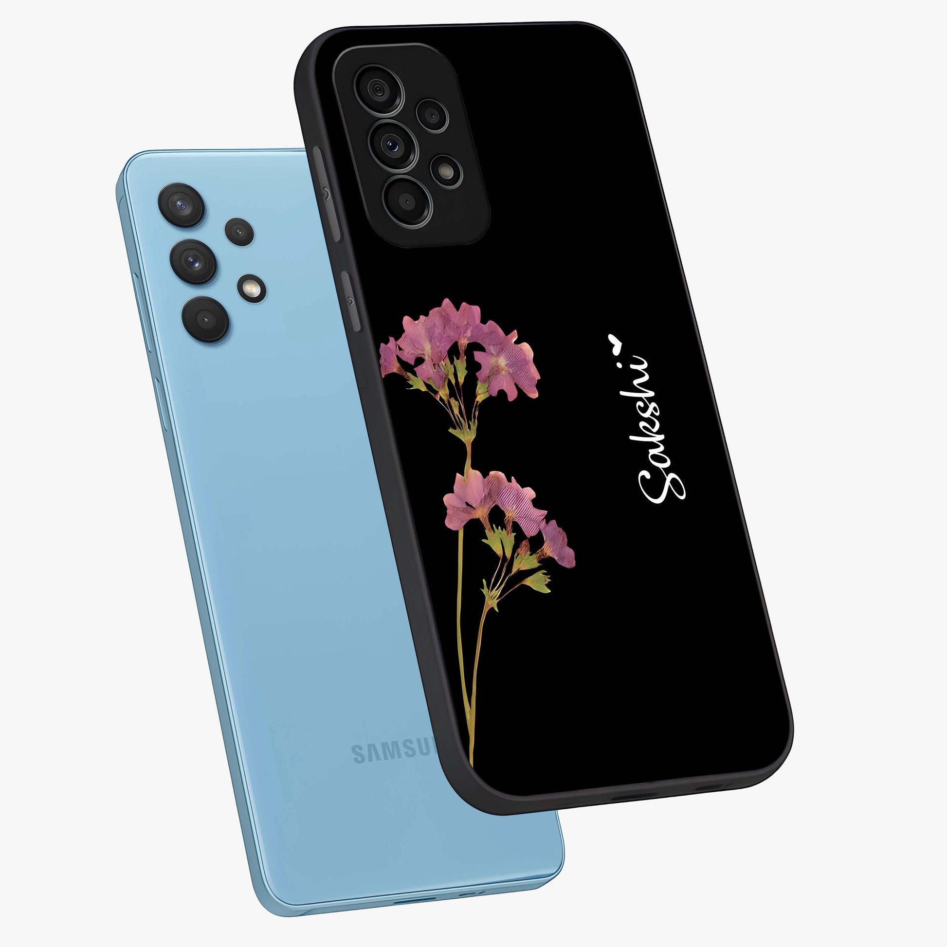Riching Lavender Flower Custom Name Glass Case displayed in angled mockup highlighting delicate lavender flower design with custom name feature.