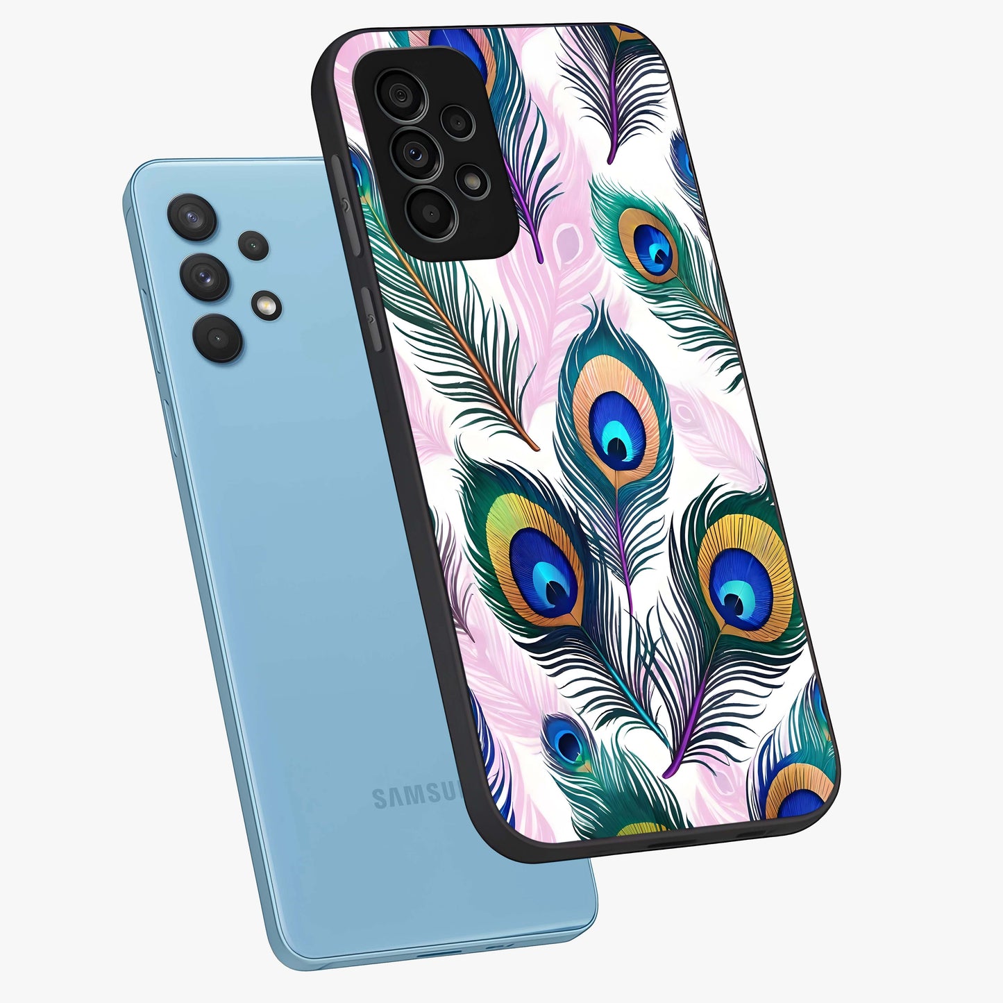 Royal Peacock Feathers Glass Case displayed in angled mockup highlighting vibrant feather pattern with regal aesthetic style.