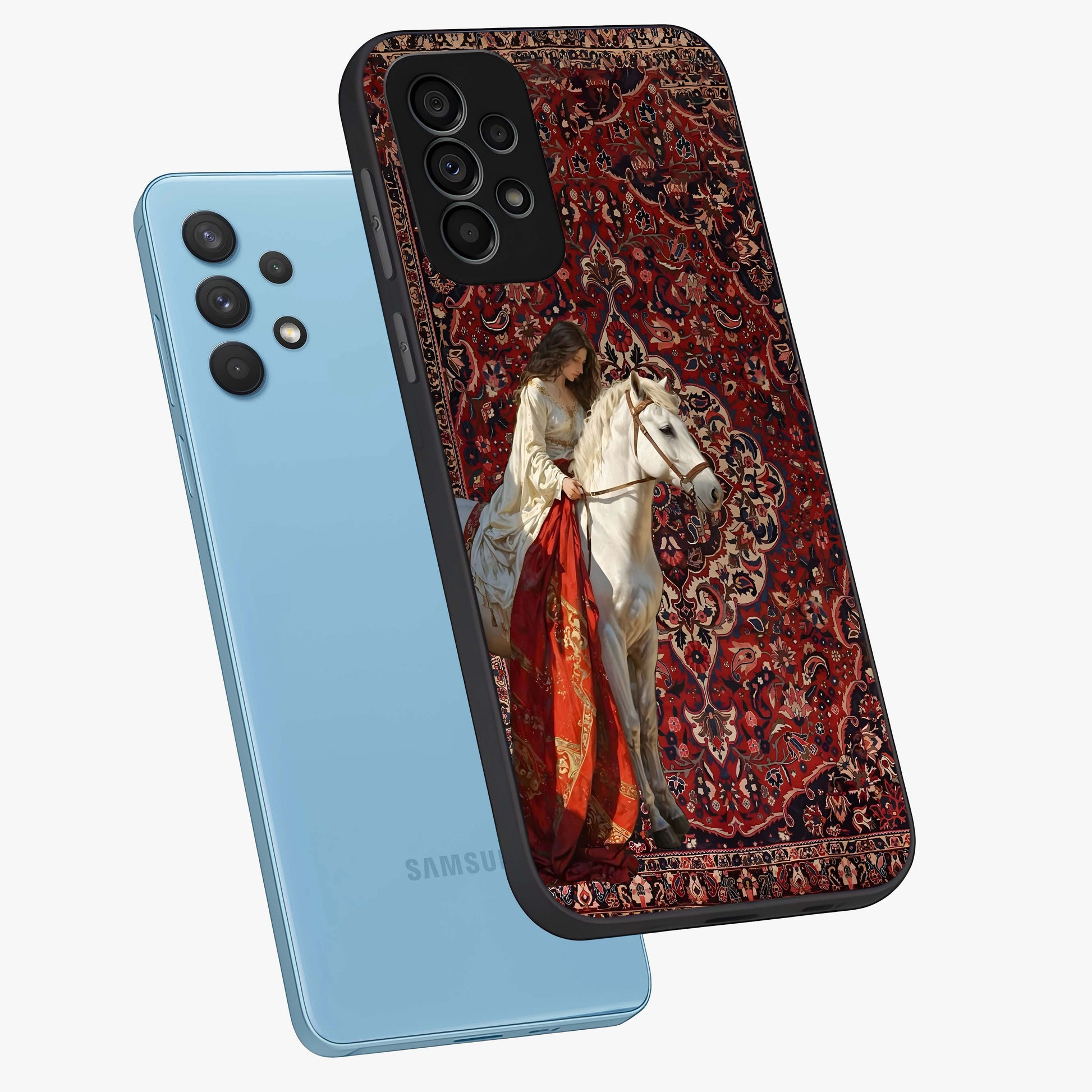 Royal Rider Tapestry Glass Case displayed in angled mockup highlighting traditional tapestry design with royal heritage aesthetic.