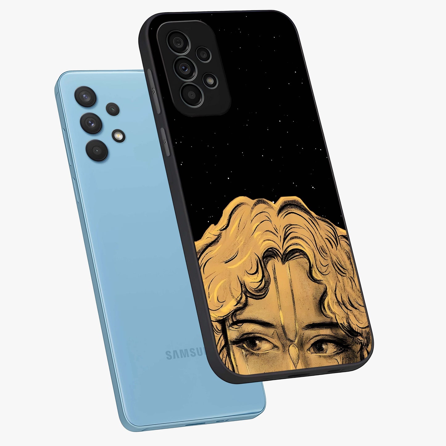 Shri Krishna Art Glass Case displayed in angled mockup highlighting spiritual Krishna illustration with divine aesthetic.