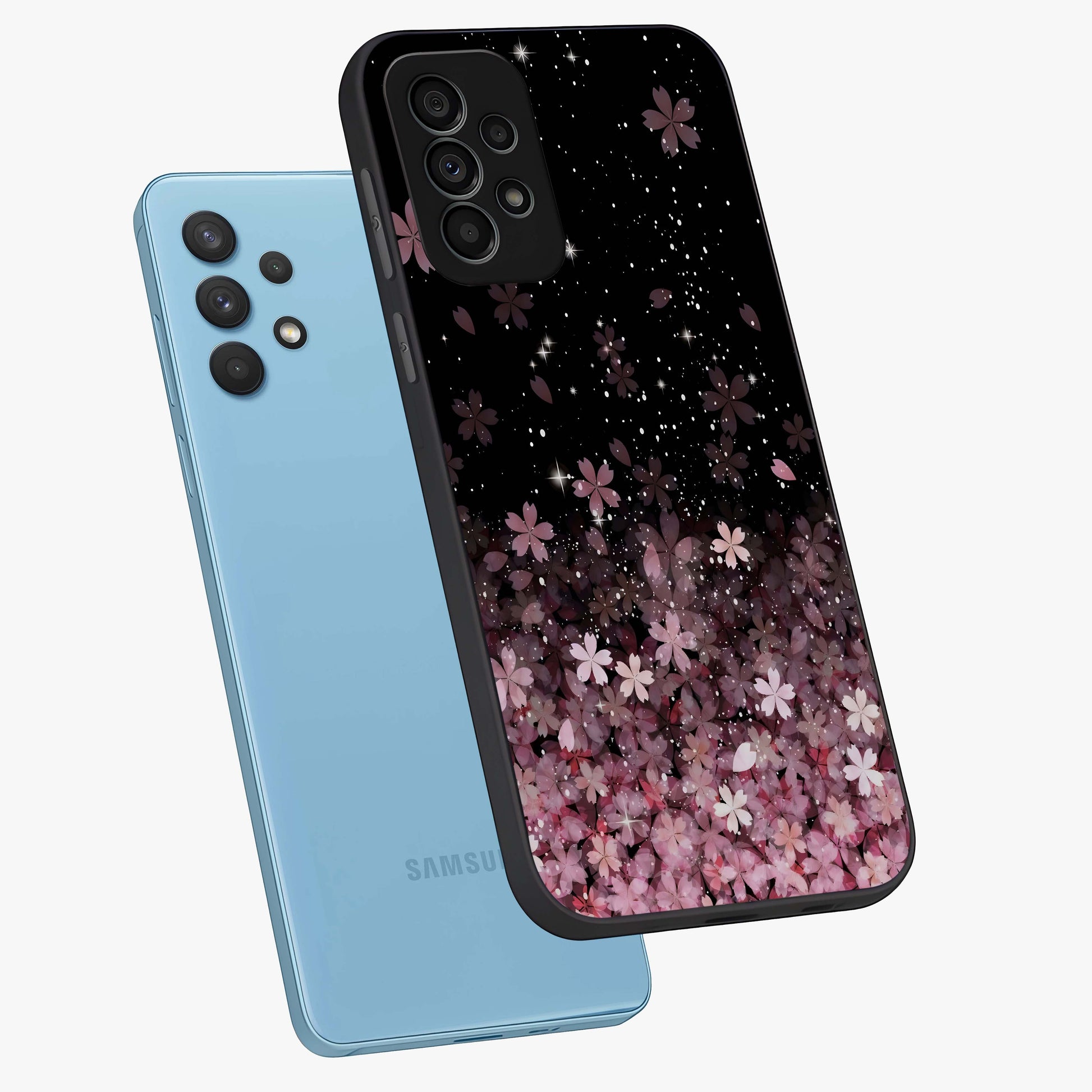 Small Starry Flowers Glass Case displayed in angled mockup highlighting tiny flower pattern with celestial aesthetic style.