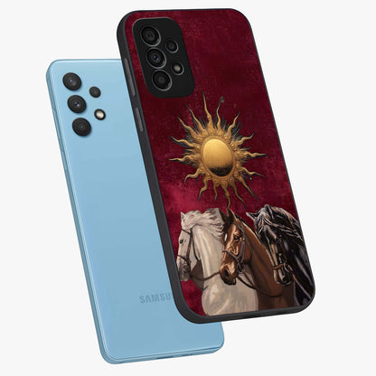 Solar Riders Glass Case displayed in angled mockup highlighting powerful rider illustration with radiant solar aesthetic.