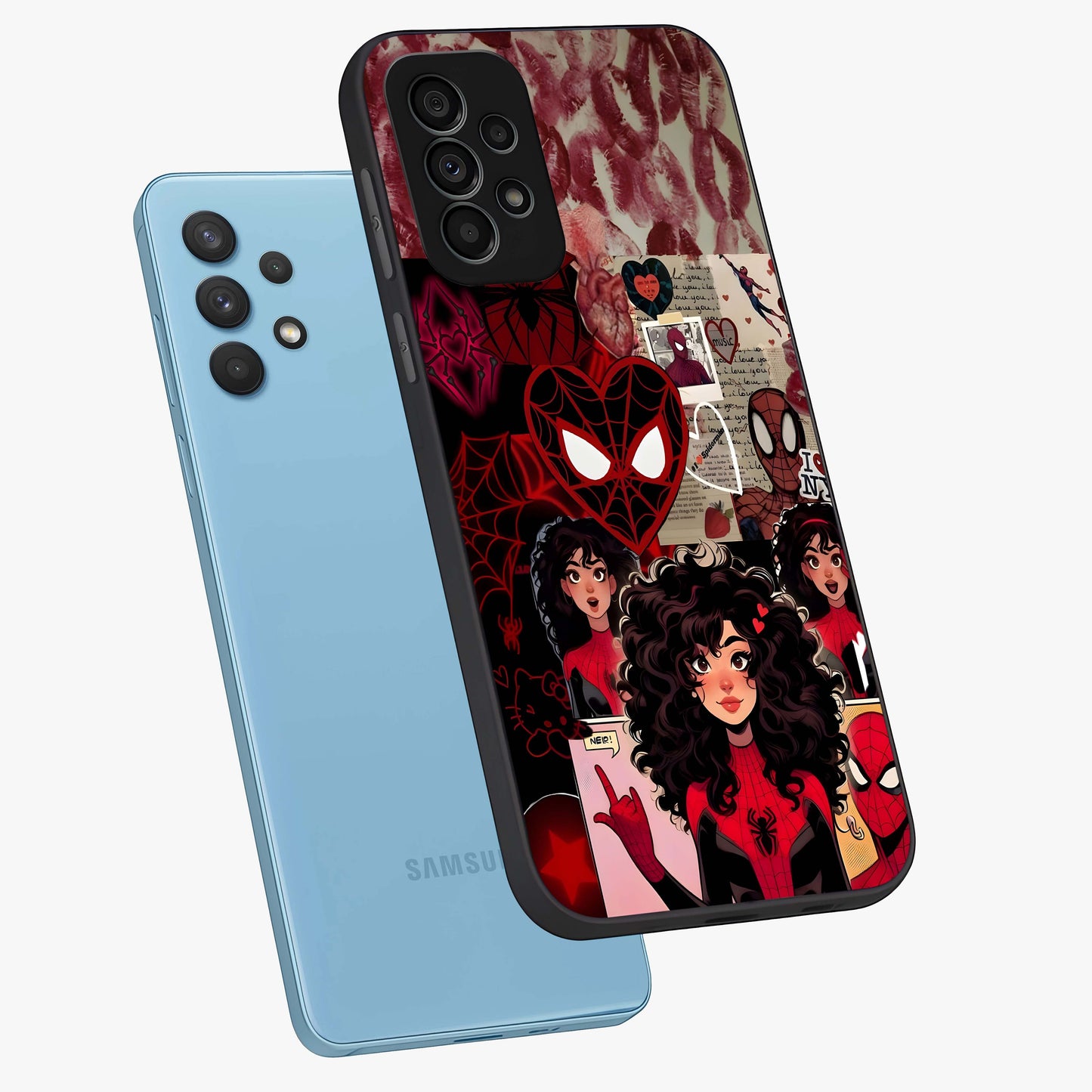 Spider Love Story Glass Case displayed in angled mockup highlighting expressive comic inspired design with playful aesthetic.