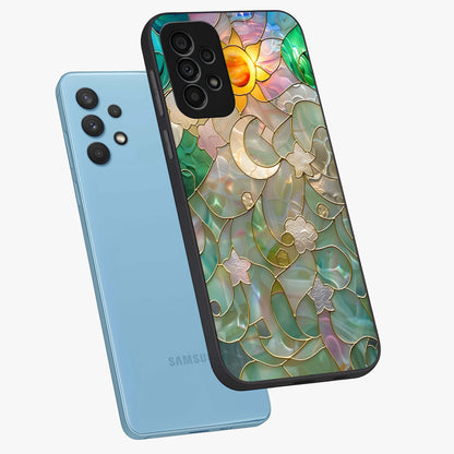 Stained Sunrise Glow Glass Case displayed in angled mockup highlighting radiant sunrise design with artistic aesthetic style.