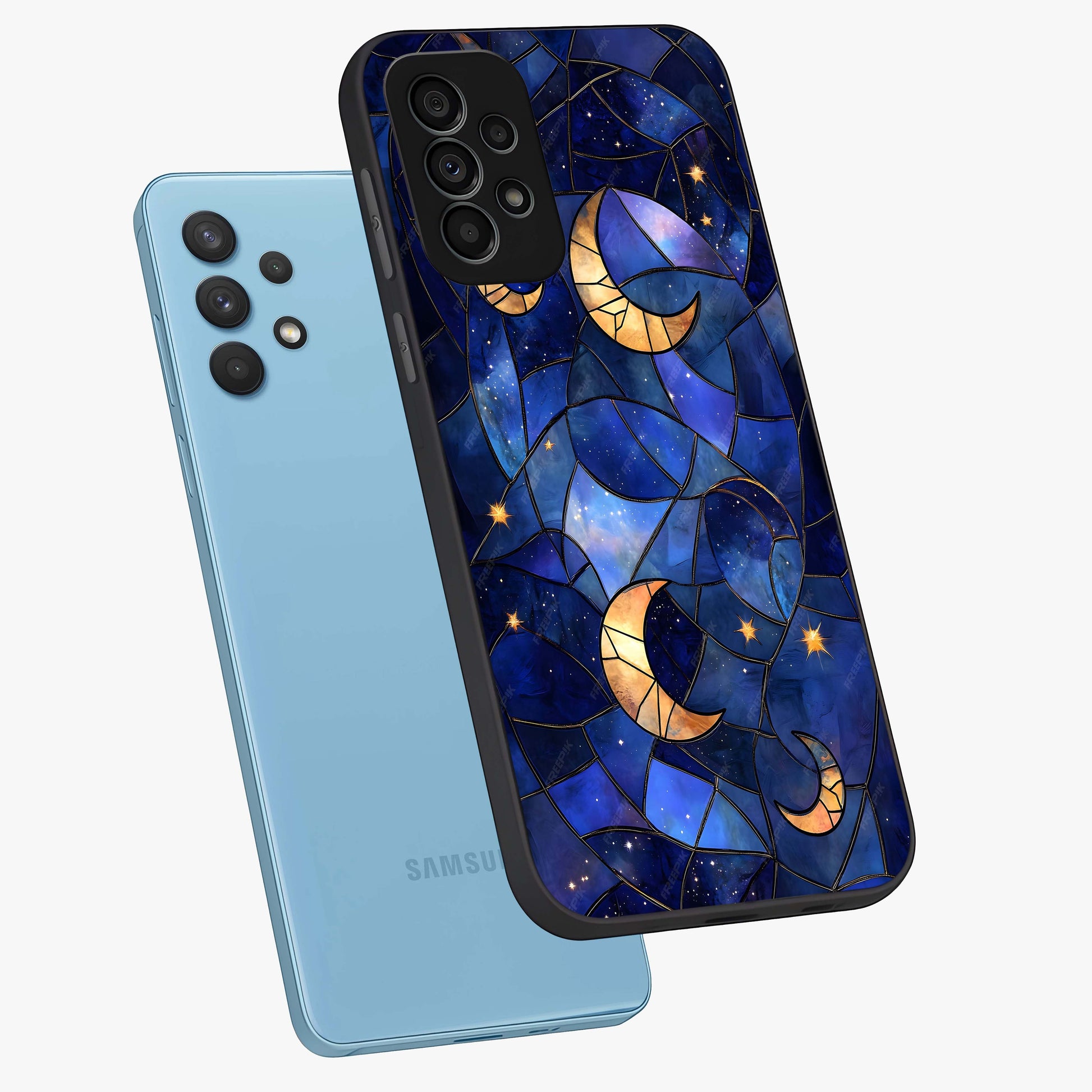 Starlit Sky Tapestry Glass Case displayed in angled mockup highlighting celestial night pattern with artistic aesthetic style.