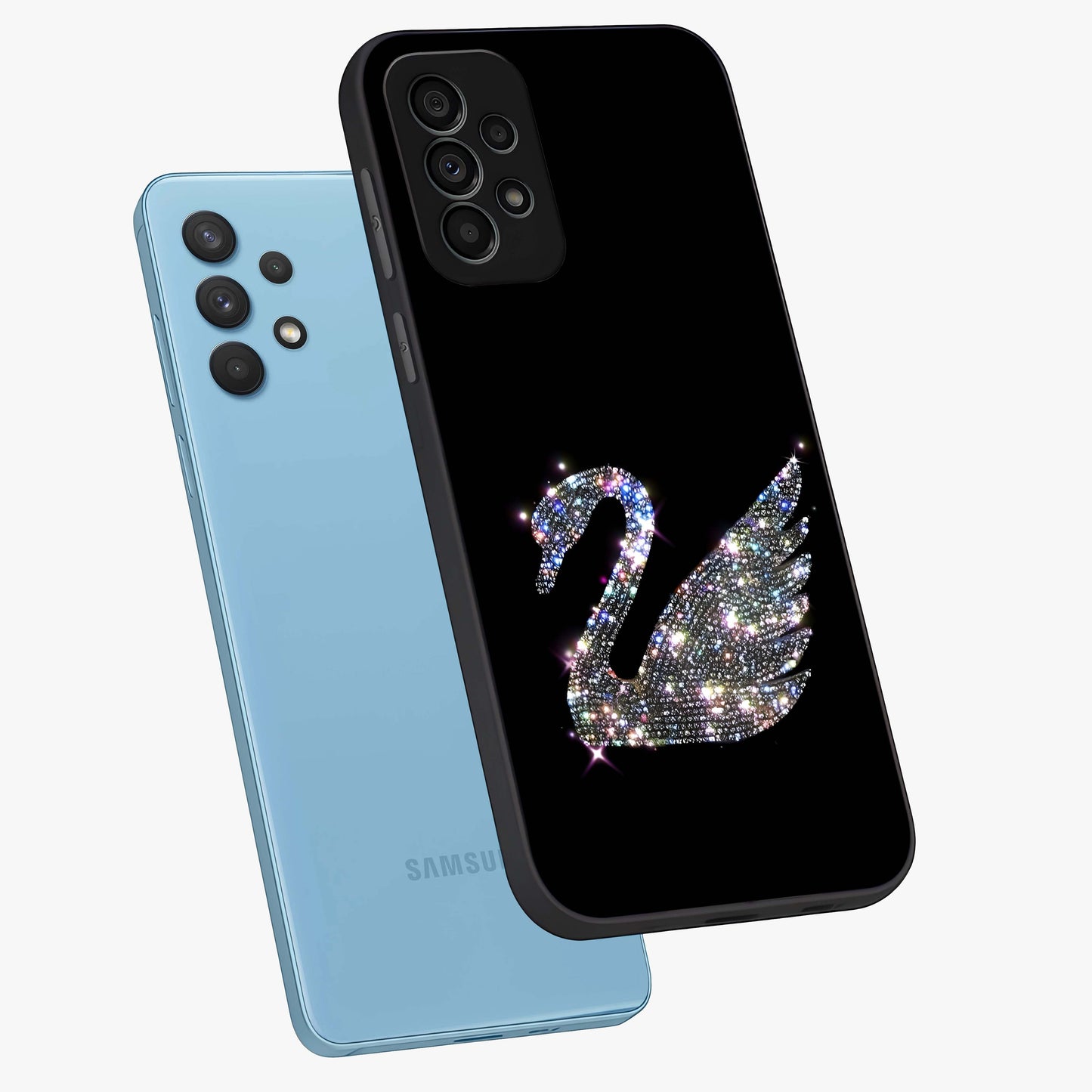 Starlit Swan Grace Glass Case displayed in angled mockup highlighting elegant swan illustration with dreamy celestial aesthetic.