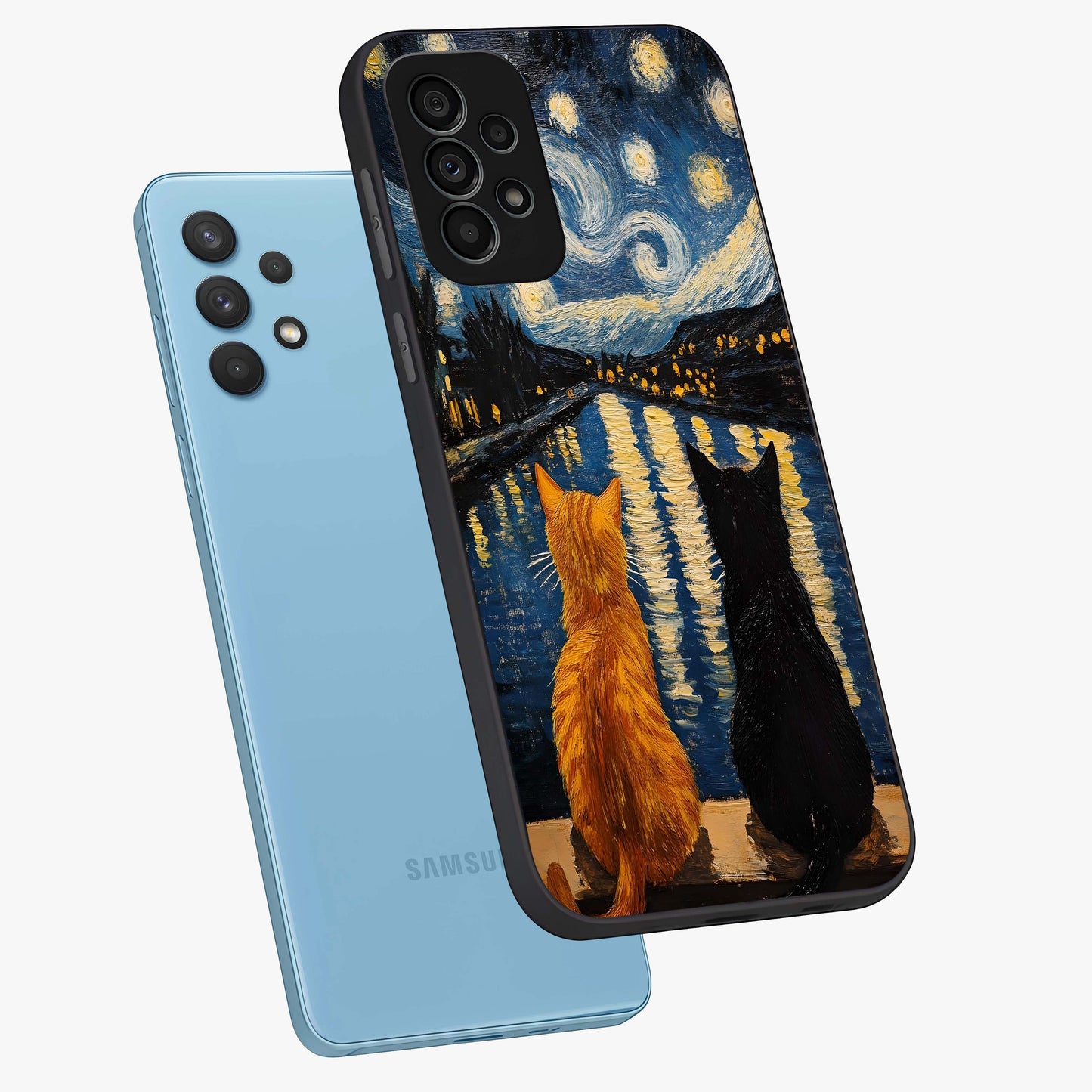 Starry River Cats Glass Case displayed in angled mockup highlighting charming feline illustration with dreamy night aesthetic.
