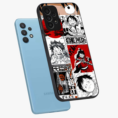 Strawhat Chaos Panels Glass Case displayed in angled mockup highlighting vibrant anime collage design with action aesthetic.