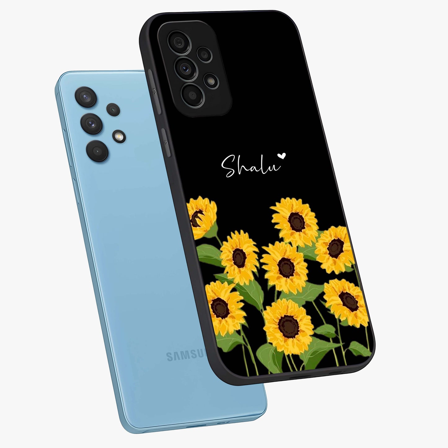 Sunflower Chic Mood Custom Name Glass Case displayed in angled mockup highlighting vibrant sunflower design with custom name feature.