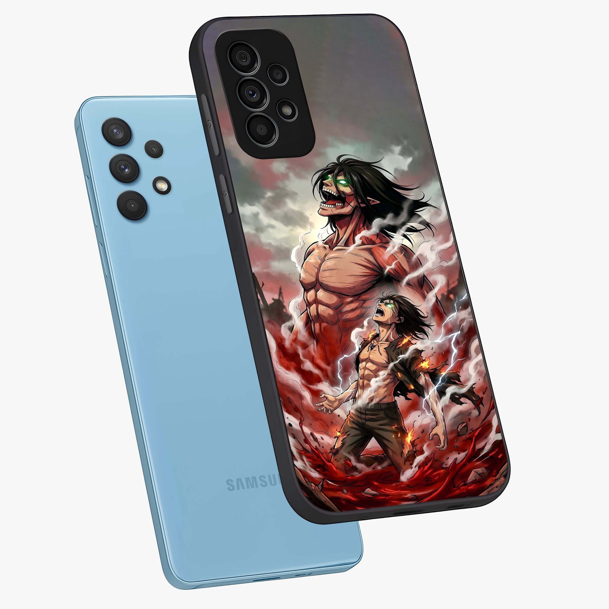 Titan Awakening Fury Glass Case displayed in angled mockup highlighting dramatic giant warrior design with bold anime aesthetic.