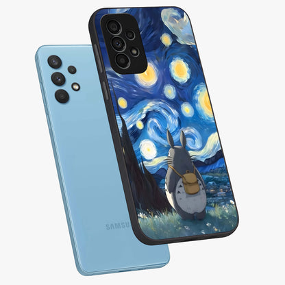 Totoro In Van Gogh Art Glass Case displayed in angled mockup highlighting artistic swirling sky design with playful animation aesthetic.
