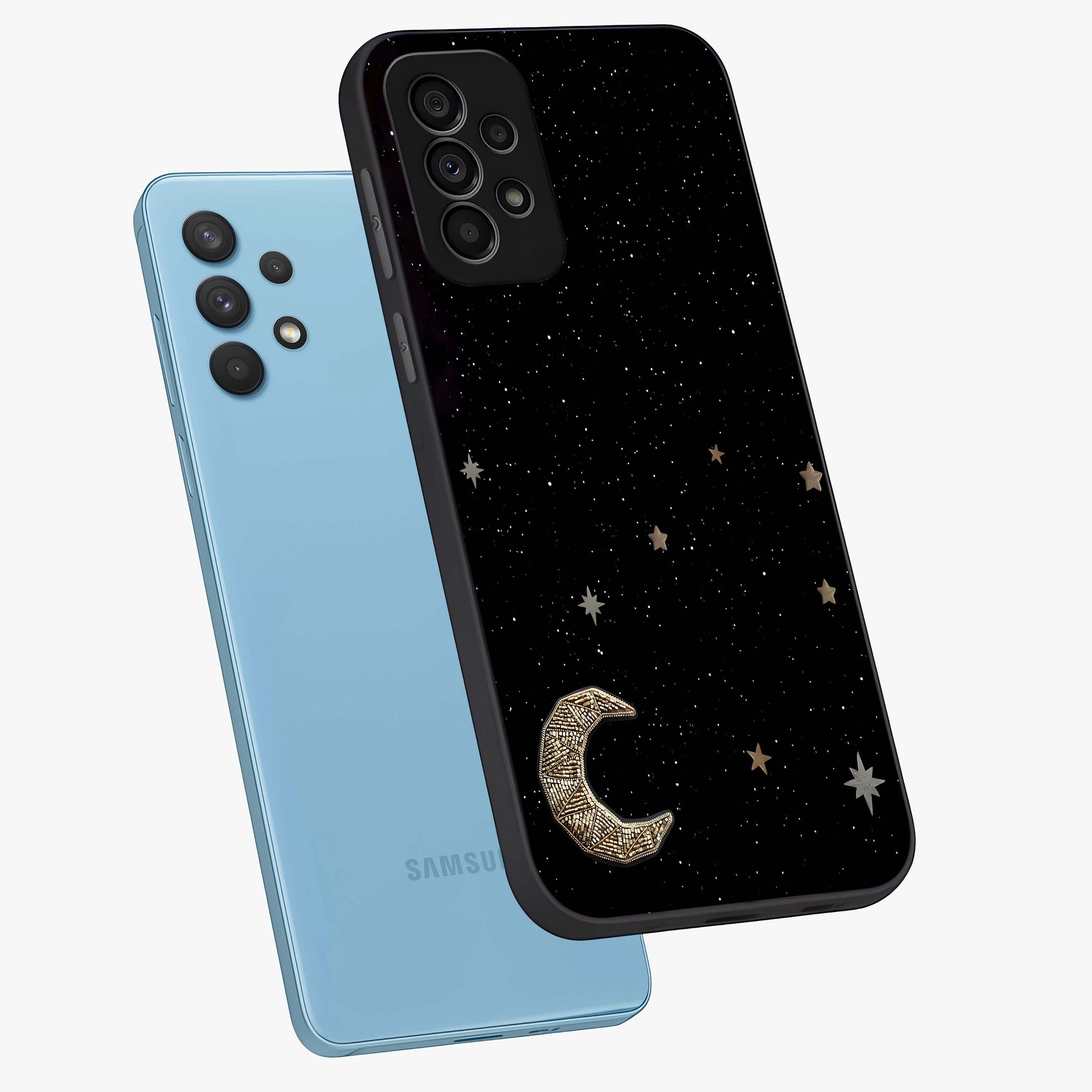Twinkle Star With Half Moon Glass Case displayed in angled mockup highlighting celestial moon and star design with magical aesthetic.