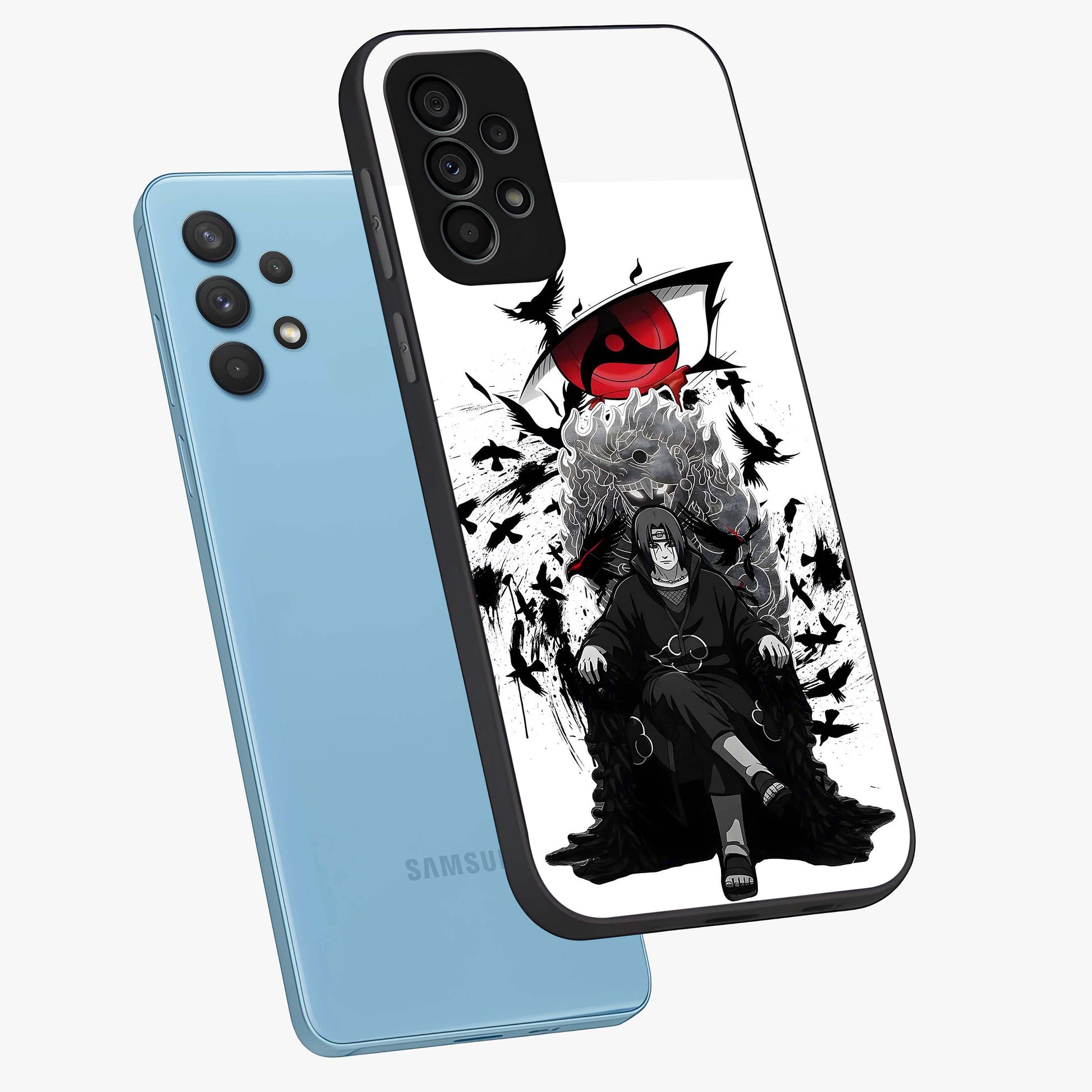 Uchiha Shadow Throne Glass Case displayed in angled mockup highlighting glowing aquatic design with celestial aesthetic.