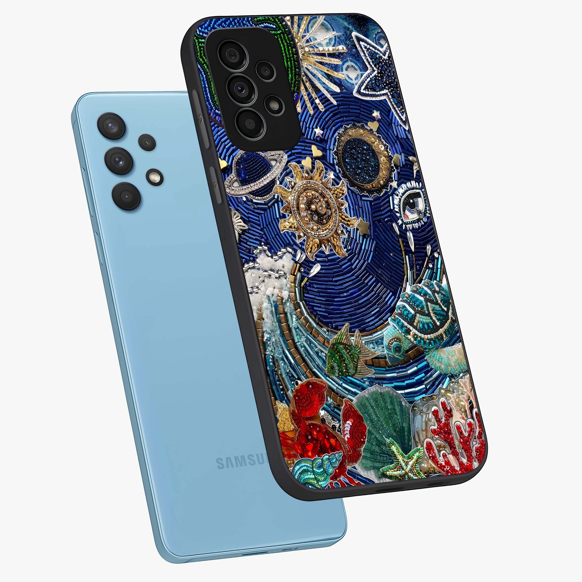 Universe Underwater Spark Glass Case displayed in angled mockup highlighting glowing aquatic design with celestial aesthetic.