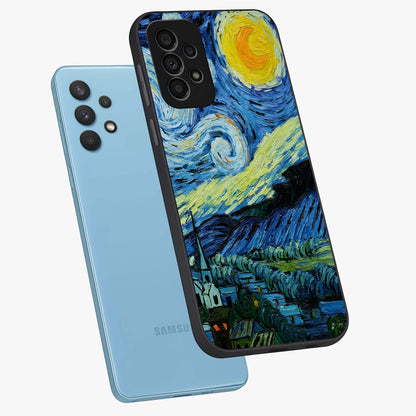 Van Gogh Art Glass Case displayed in angled mockup highlighting swirling brushstroke design with artistic aesthetic.