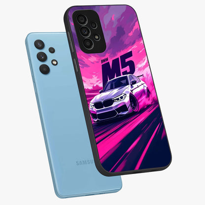 Velocity Drift Pulse Glass Case displayed in angled mockup highlighting dynamic drift design with sporty automotive aesthetic.