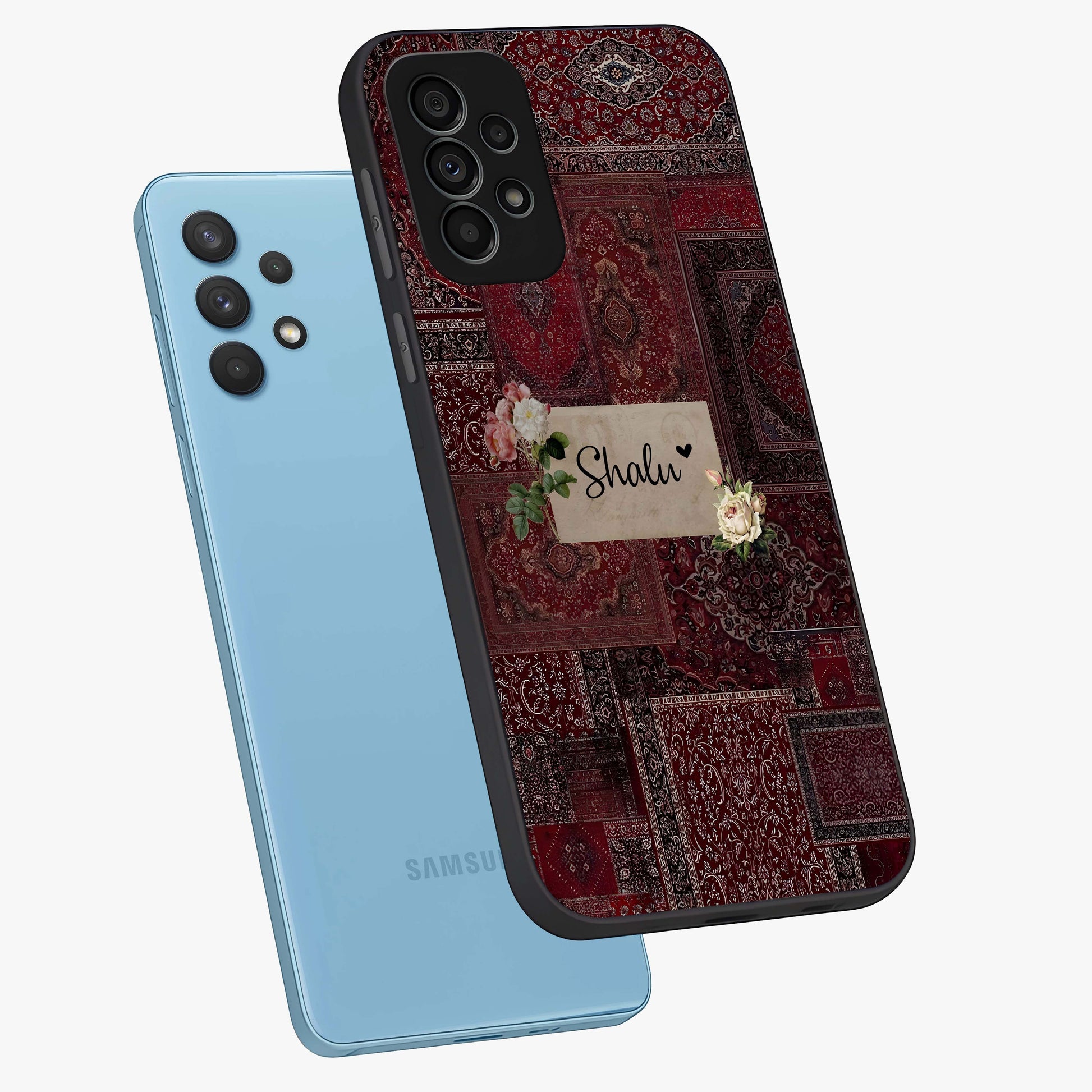 Velvet Wine Pattern Custom Name Glass Case displayed in angled mockup highlighting decorative velvet inspired design with custom name feature.