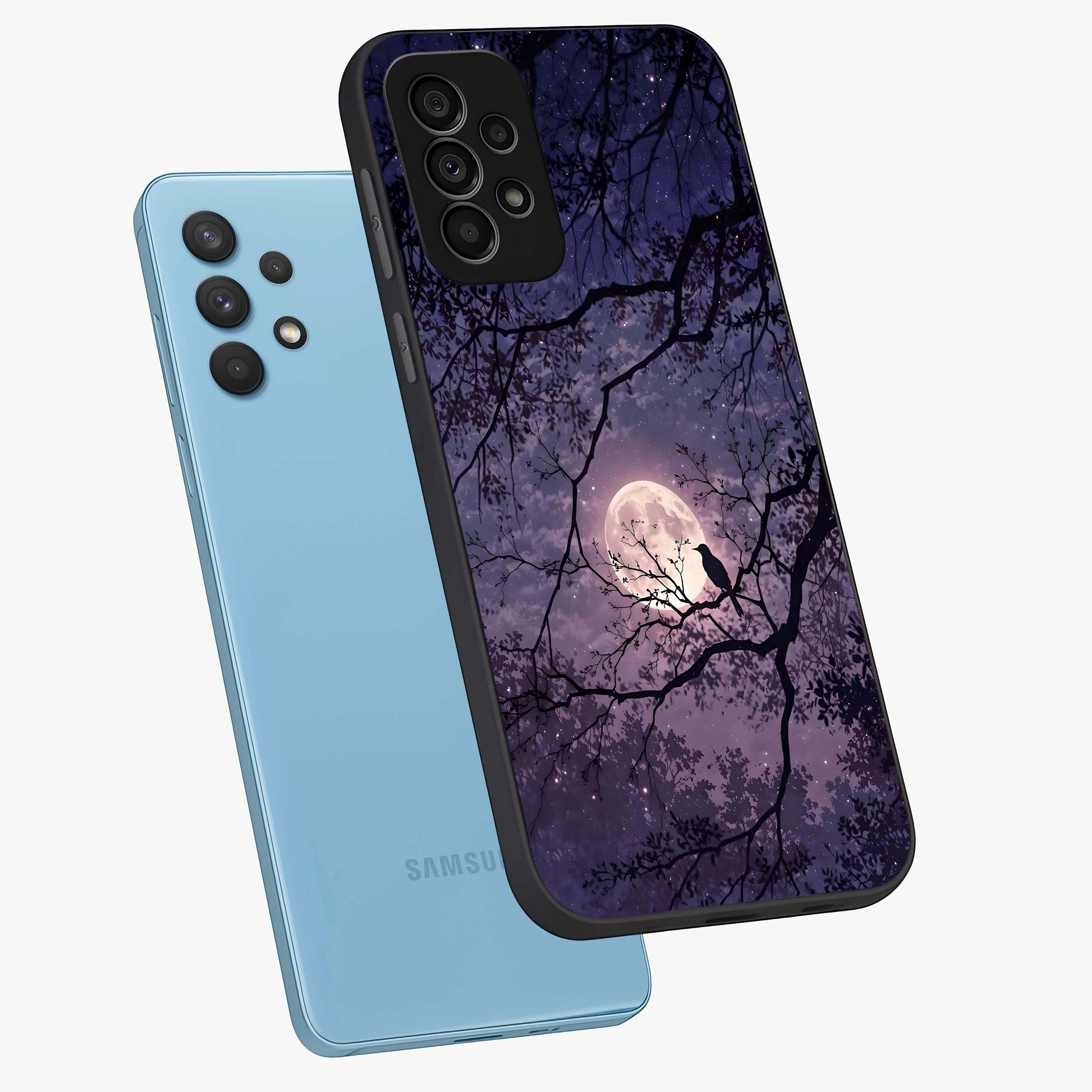 Whispering Moon Silence Glass Case displayed in angled mockup highlighting calm lunar design with dreamy night aesthetic.
