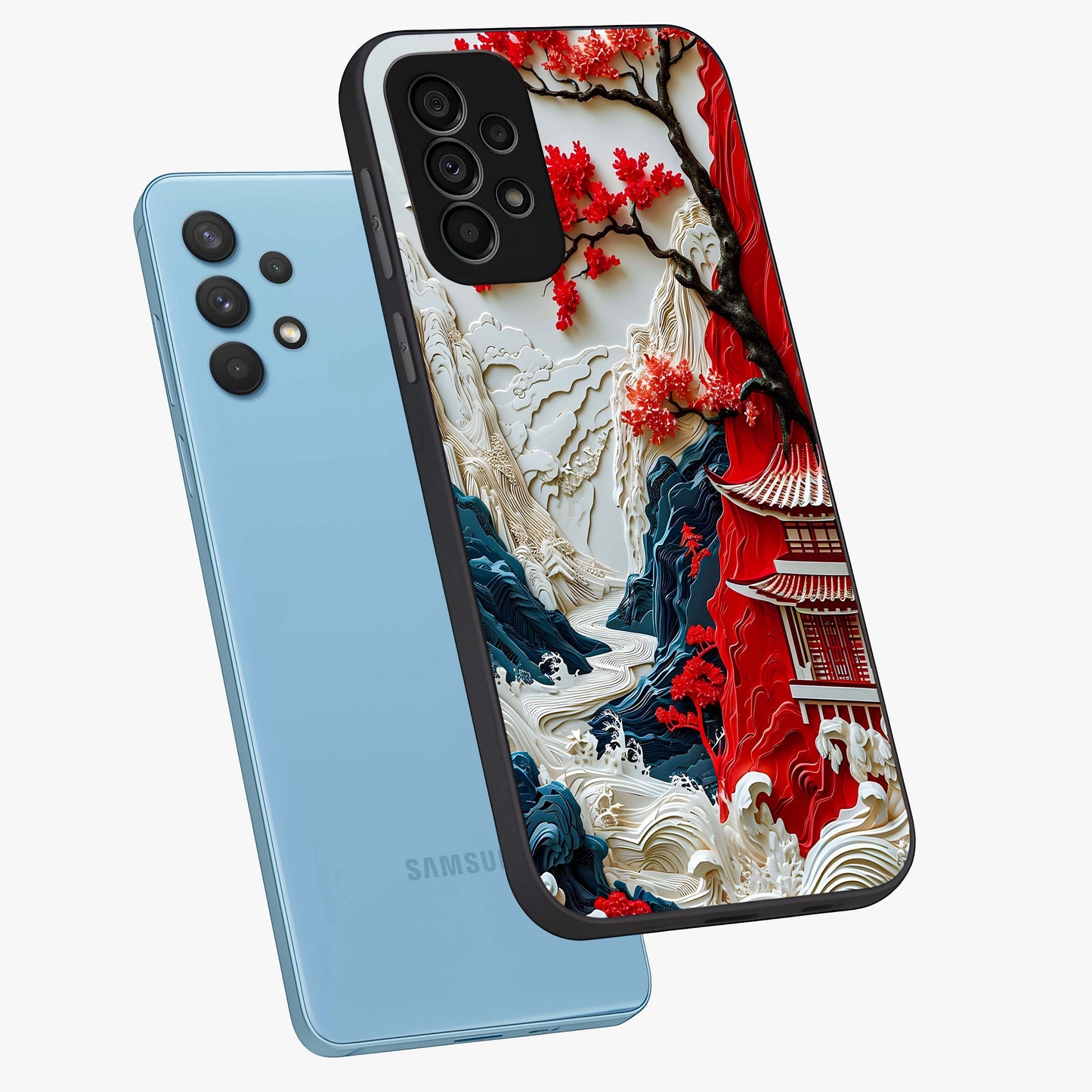 Whispers Of Sakura Waves Glass Case displayed in angled mockup highlighting flowing sakura design with soft floral aesthetic.