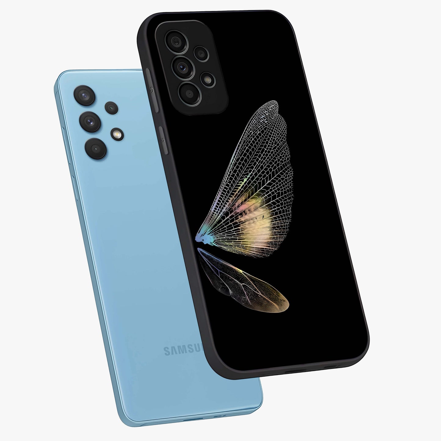 Whispers Of Wings Glass Case displayed in angled mockup highlighting soft feather design with celestial aesthetic style.
