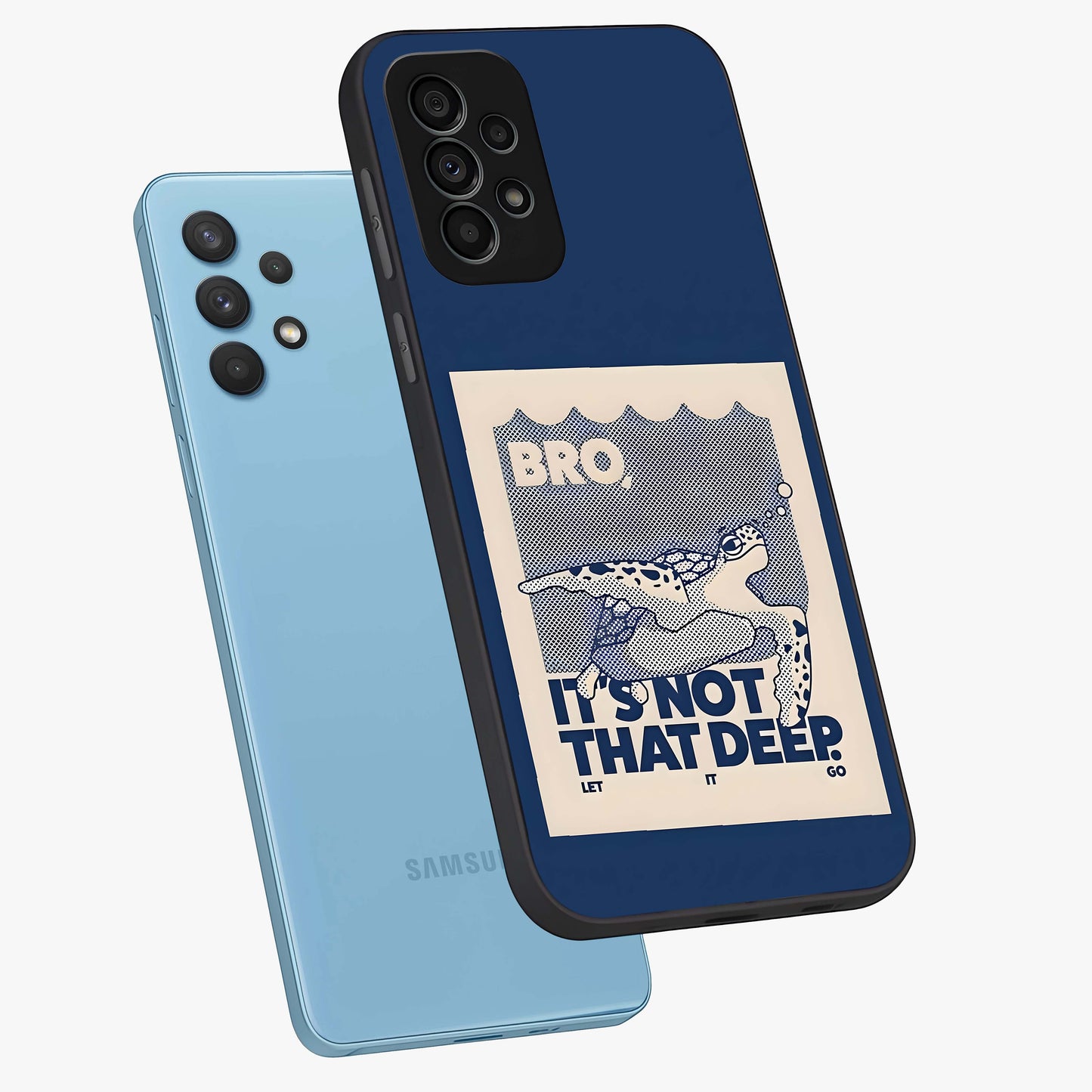 Worry Less Swim Glass Case displayed in angled mockup highlighting fun typography design with relaxed aesthetic style.