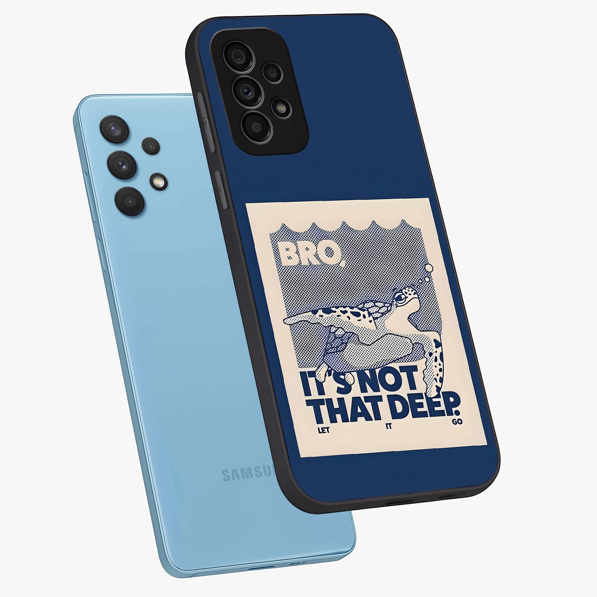 Worry Less Swim Glass Case displayed in angled mockup highlighting fun typography design with relaxed aesthetic style.