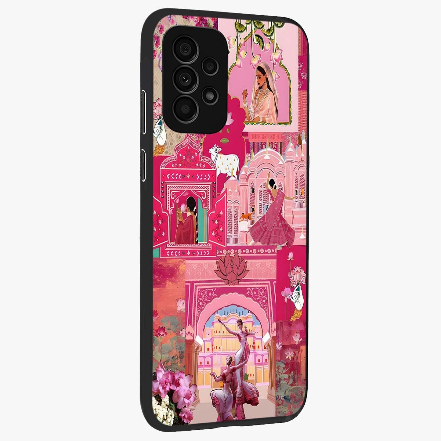 Blossoms of Rajasthan Glass Case upright view showcasing colorful floral design inspired by traditional Indian art.