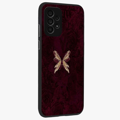 Crimson Fade Butterfly Glass Case upright view showcasing graceful butterfly artwork with soft crimson fade effect.