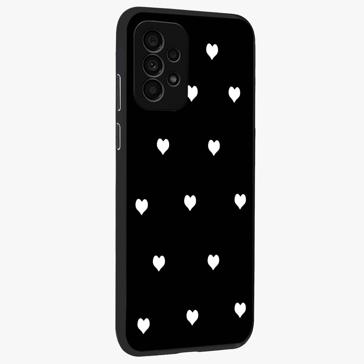 Cute And Simple White Hearts Glass Case upright view showcasing simple white hearts artwork with soft minimal theme.