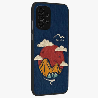 Dream Beyond Mountains Glass Case upright view showcasing beautiful mountain scenery with inspirational nature theme.