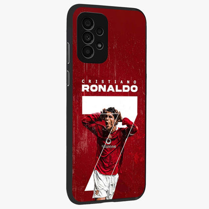 Goal Celebration Legacy Glass Case upright view showcasing dynamic football inspired artwork with victory celebration aesthetic.
