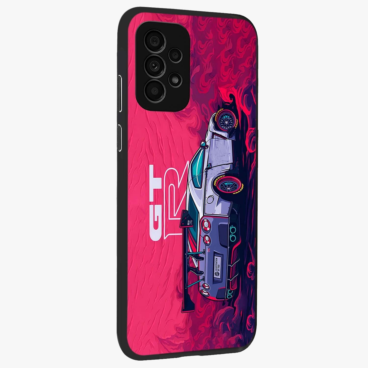 GT-R Car Pattern Glass Case upright view showcasing dynamic car pattern artwork with modern sports theme.