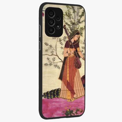Lady With Veena Art Glass Case upright view showcasing classical veena artwork with traditional artistic theme.