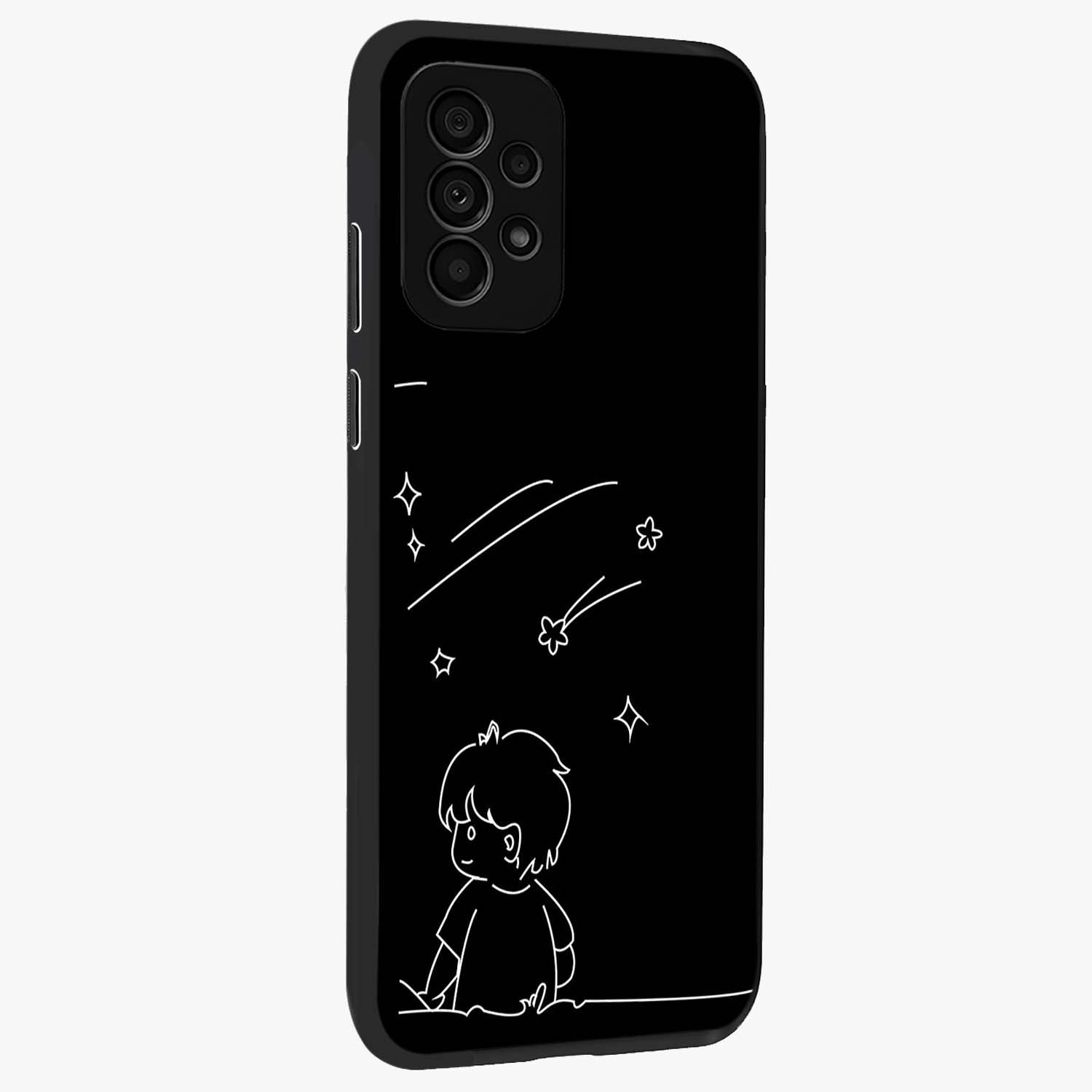 Line Art Boy With Shooting Stars Glass Case upright view showcasing artistic shooting star illustration with minimal style.