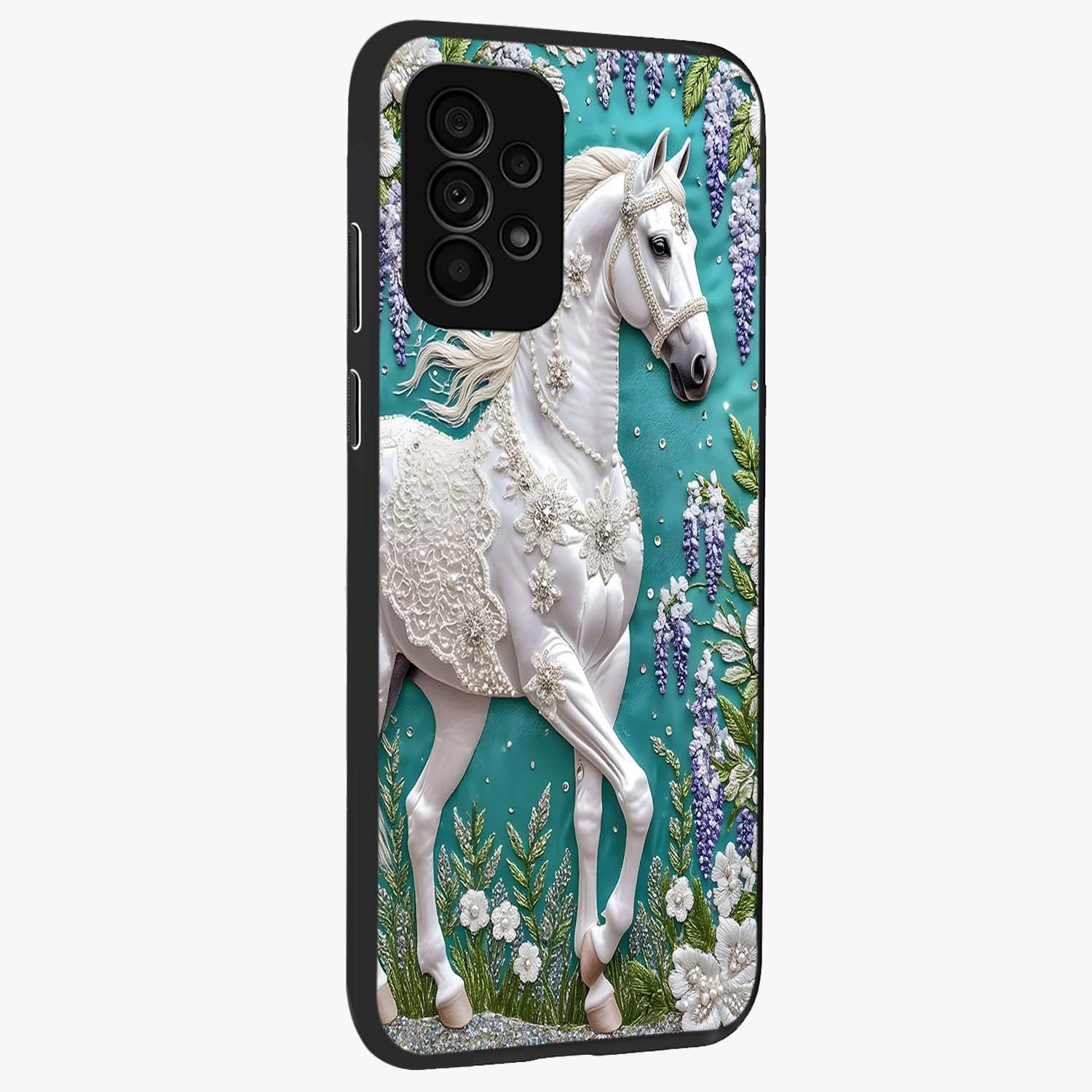 Majestic Floral Stallion Glass Case upright view showcasing dramatic horse artwork with decorative floral theme.
