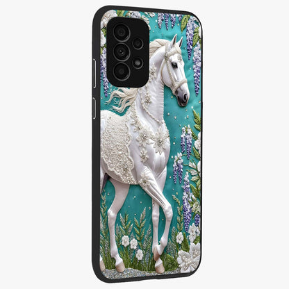 Majestic Floral Stallion Glass Case upright view showcasing dramatic horse artwork with decorative floral theme.