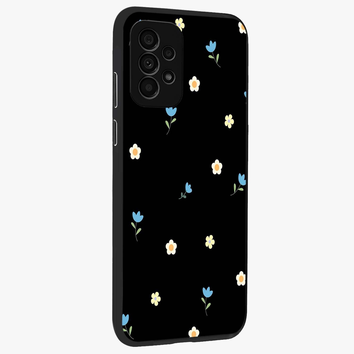 Minimal Petal Whispers Glass Case upright view showcasing elegant floral artwork with modern minimalist style.